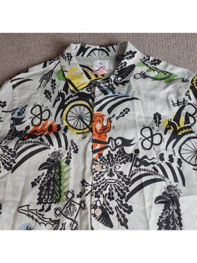 Paul Smith Mens Shirt Medium Blue Abstract Linen Blend Loud